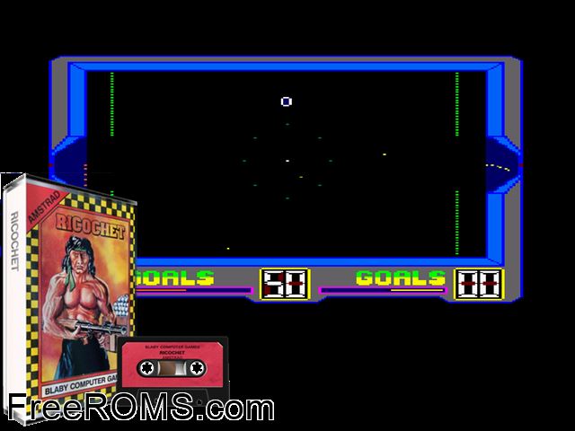 Ricochet (UK) (1986) [a1] Amstrad CPC game showing 3D box cover and gameplay screenshot